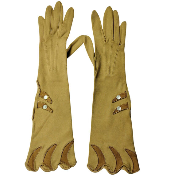 1940s Vintage Tan Fitted Evening Gloves 14" Mother of Pearl Buttons Size 6.5 GER - Picture 1 of 8